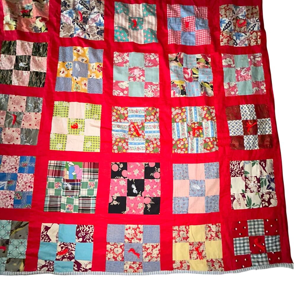 Vibrant Vintage Red Nine Patch Quilt Handcrafted Americana 65x75” - Picture 3 of 11
